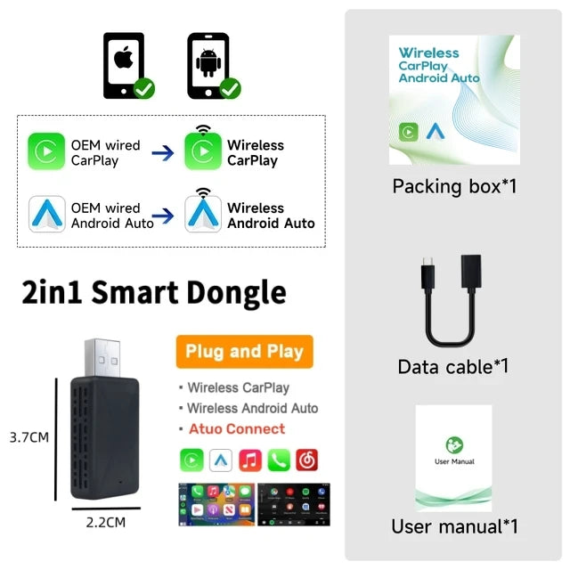 Wireless Carplay Adapter Android Auto Wireless Smart Dongle 2in1 For Volvo Benz Audi Kia Hyundai VW Mazda Cadillac MG Peugeot