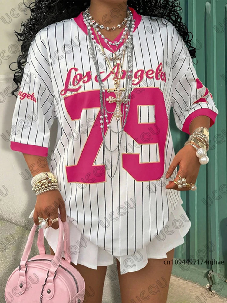 2026 Summer New Los Angeles 79 Print Stripe T-shirt For Women V-Neck Short Sleeve Tees Sports Football Jersey