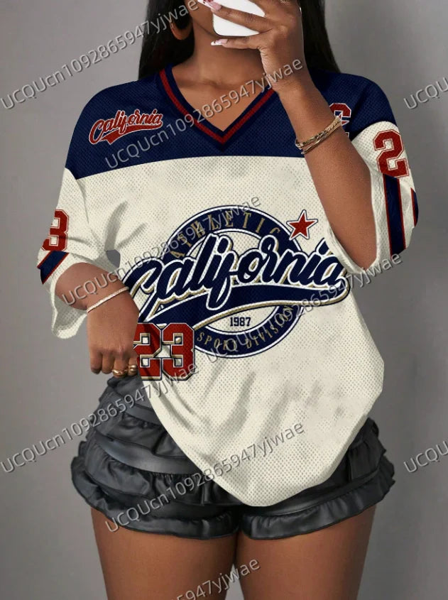 2026 Women's V-Neck Sporty Jersey T-Shirt Casual California Print NO.23 Summer Casual Wear Sports T-shirt