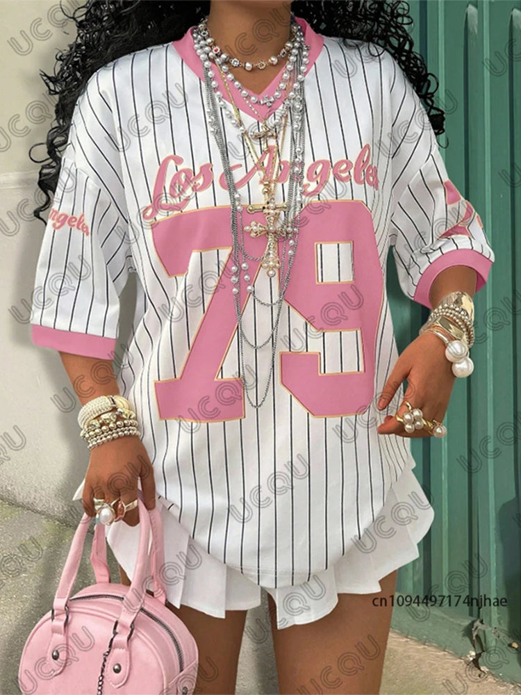 2026 Summer New Los Angeles 79 Print Stripe T-shirt For Women V-Neck Short Sleeve Tees Sports Football Jersey