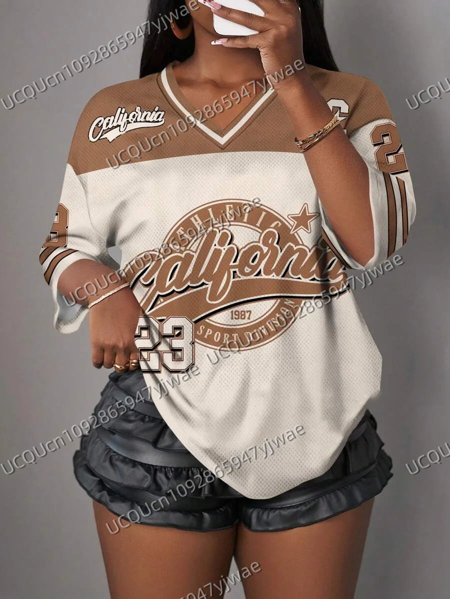 2026 Women's V-Neck Sporty Jersey T-Shirt Casual California Print NO.23 Summer Casual Wear Sports T-shirt