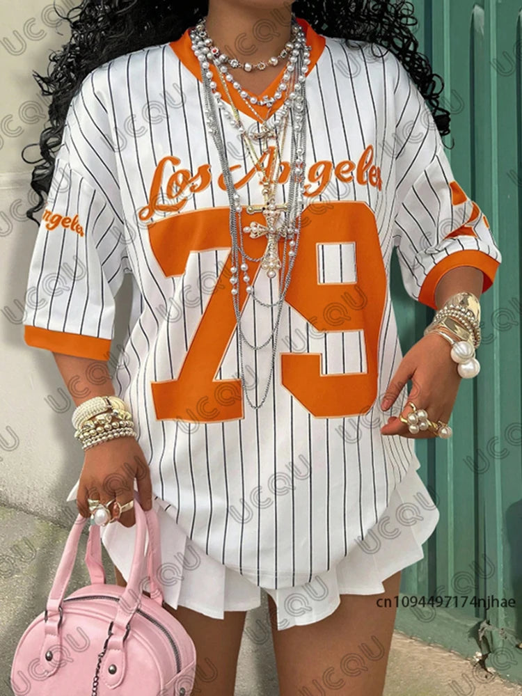 2026 Summer New Los Angeles 79 Print Stripe T-shirt For Women V-Neck Short Sleeve Tees Sports Football Jersey