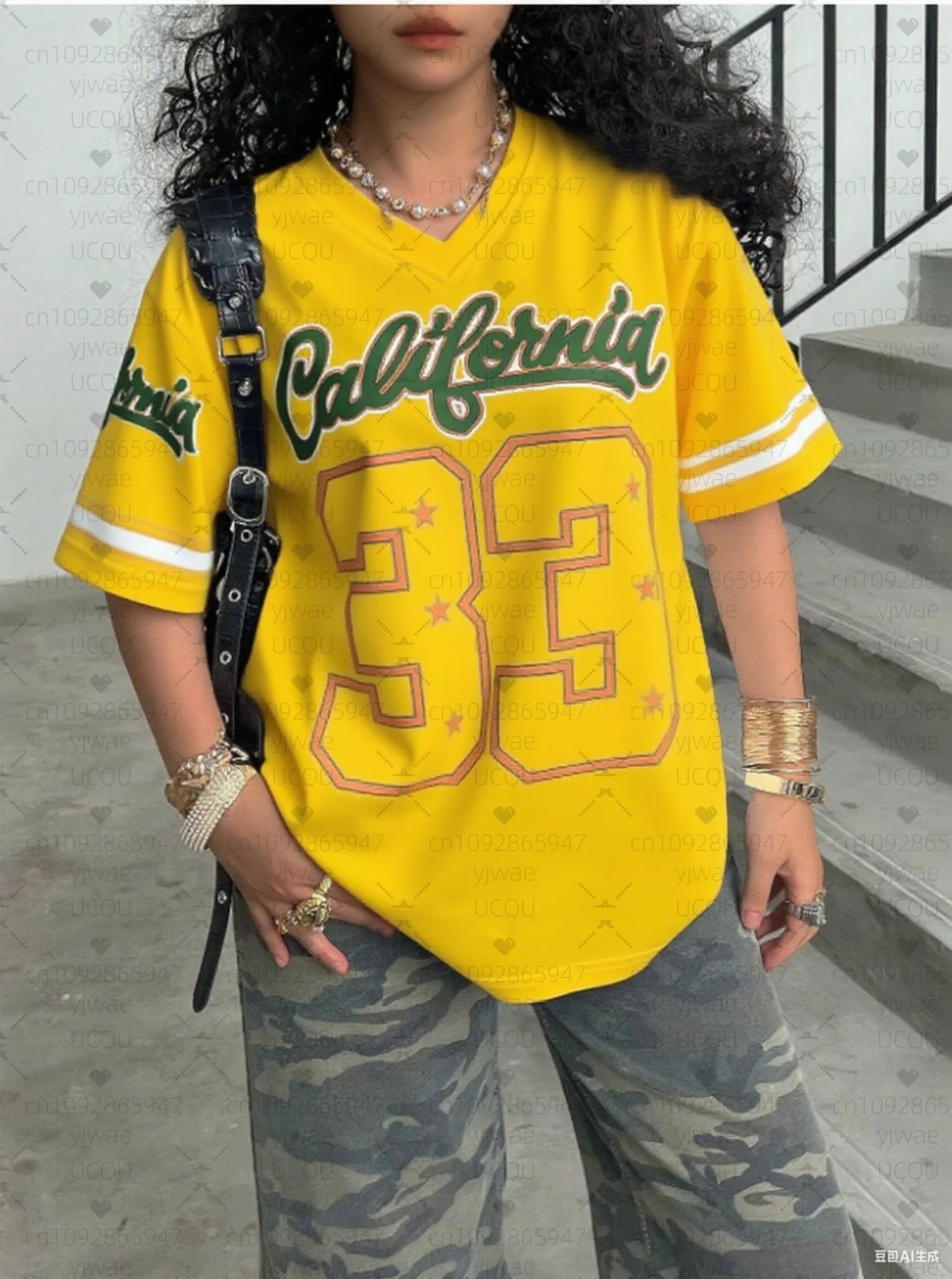 2026 Women NO.33 California Print V-Neck Short Sleeve T-Shirt Summer Tee Baseball Jerseys Stripe Oversized