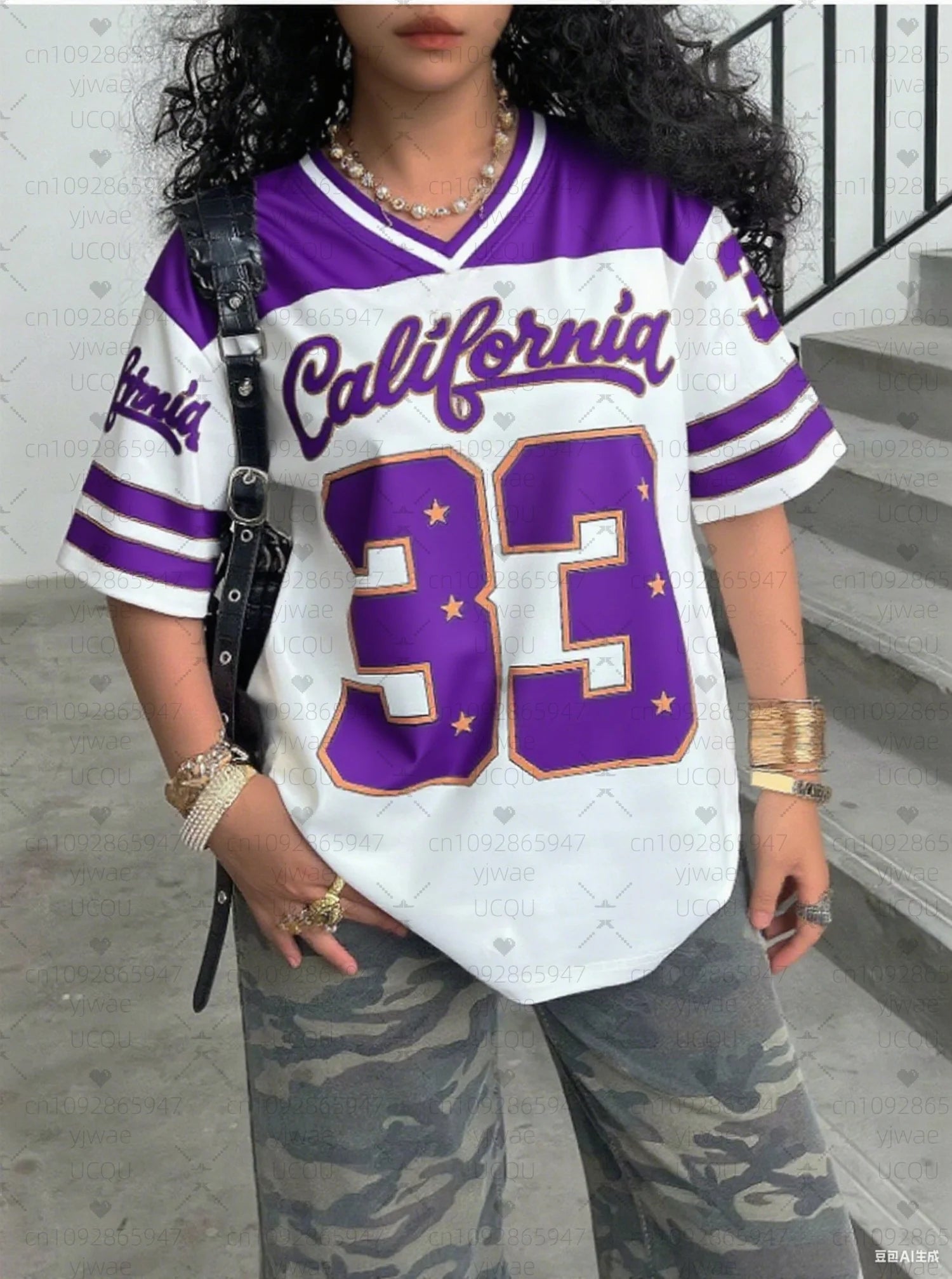 2026 Women NO.33 California Print V-Neck Short Sleeve T-Shirt Summer Tee Baseball Jerseys Stripe Oversized