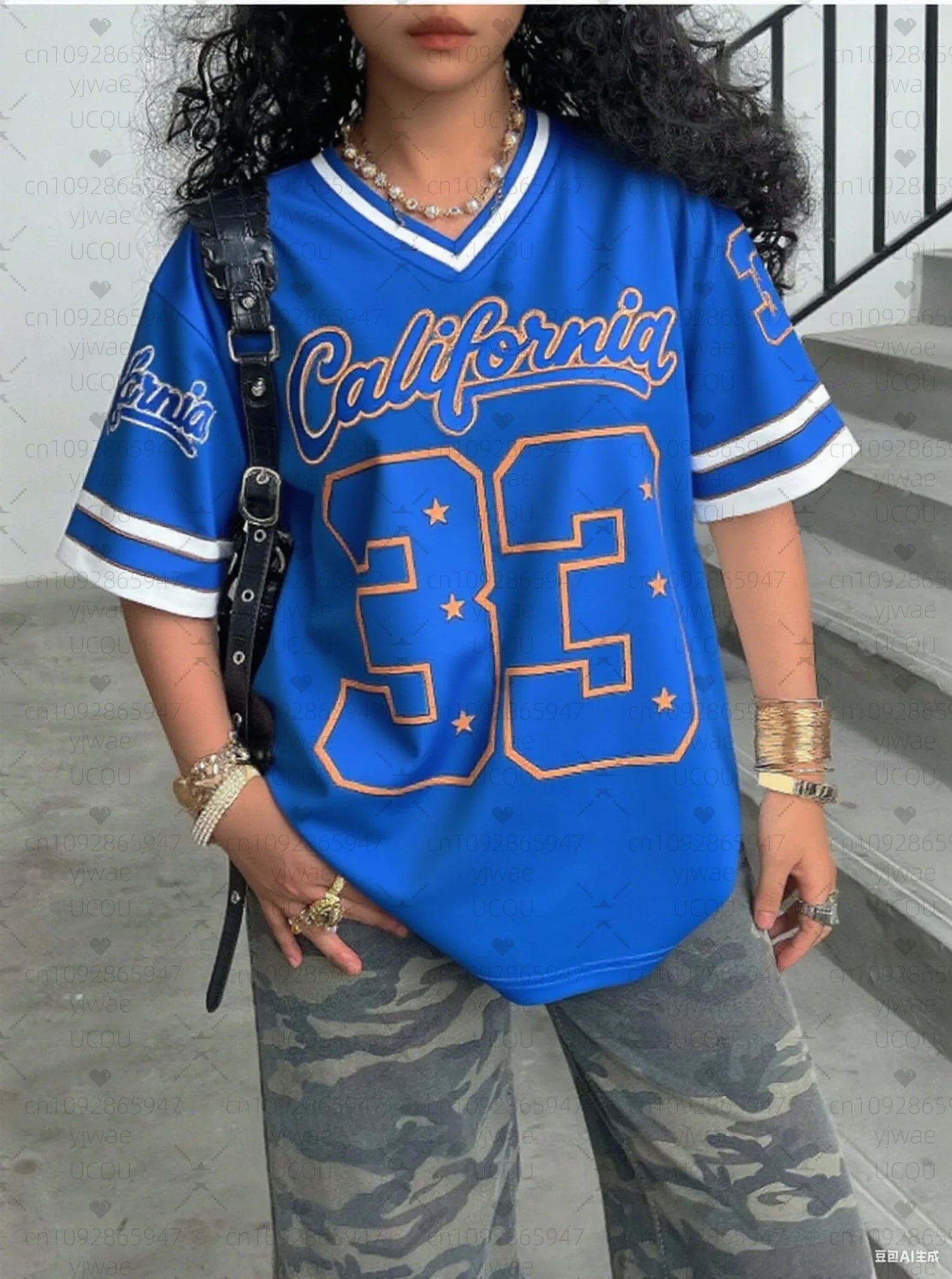 2026 Women NO.33 California Print V-Neck Short Sleeve T-Shirt Summer Tee Baseball Jerseys Stripe Oversized