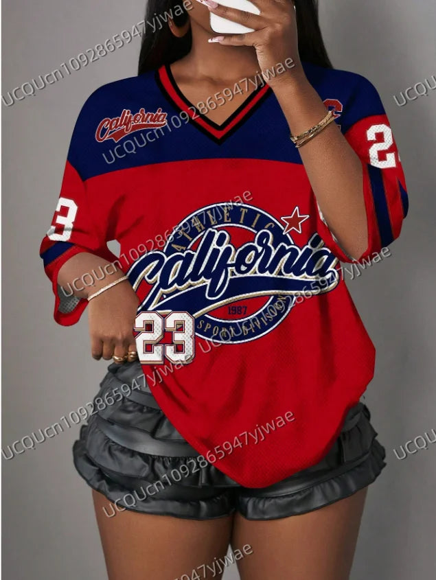 2026 Women's V-Neck Sporty Jersey T-Shirt Casual California Print NO.23 Summer Casual Wear Sports T-shirt