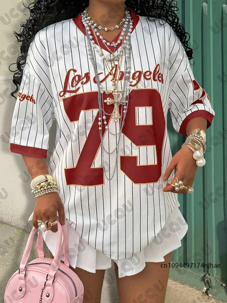 2026 Summer New Los Angeles 79 Print Stripe T-shirt For Women V-Neck Short Sleeve Tees Sports Football Jersey