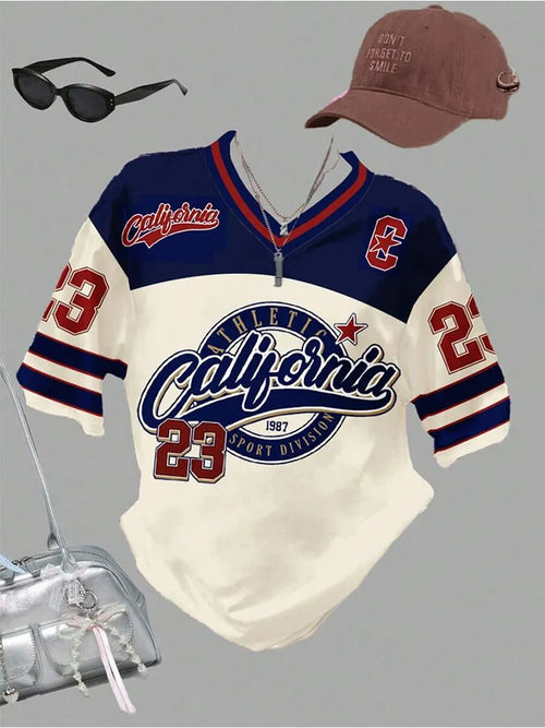 2026 California 23 Print Letter Football Jersey Women'S T-Shirt Loose Short Sleeved Personalized Fashionable Casual Half Sleeved Top