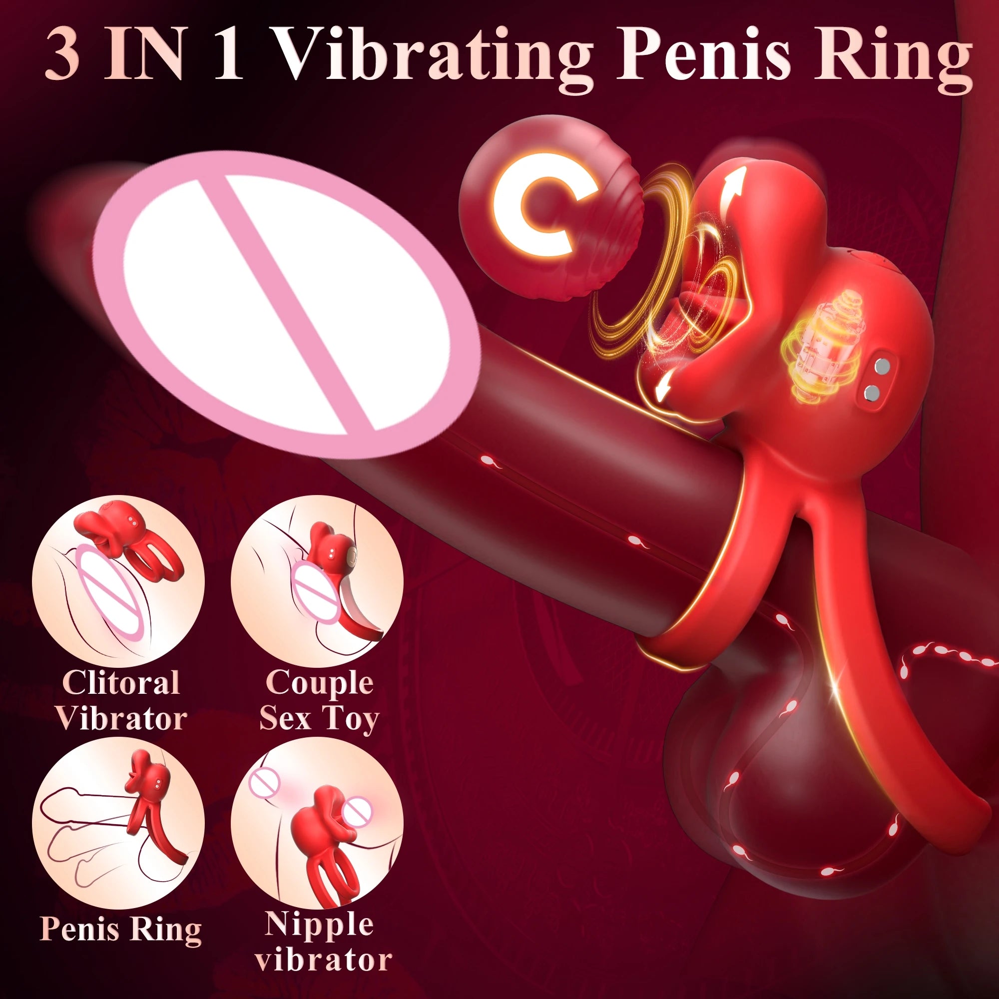 PulseX Penis Ring Vibrator Cock Ring with Tongue Licking Clitoral Stimulator Men Ejaculation Delay Cockring Adults Sex Toys for Couples