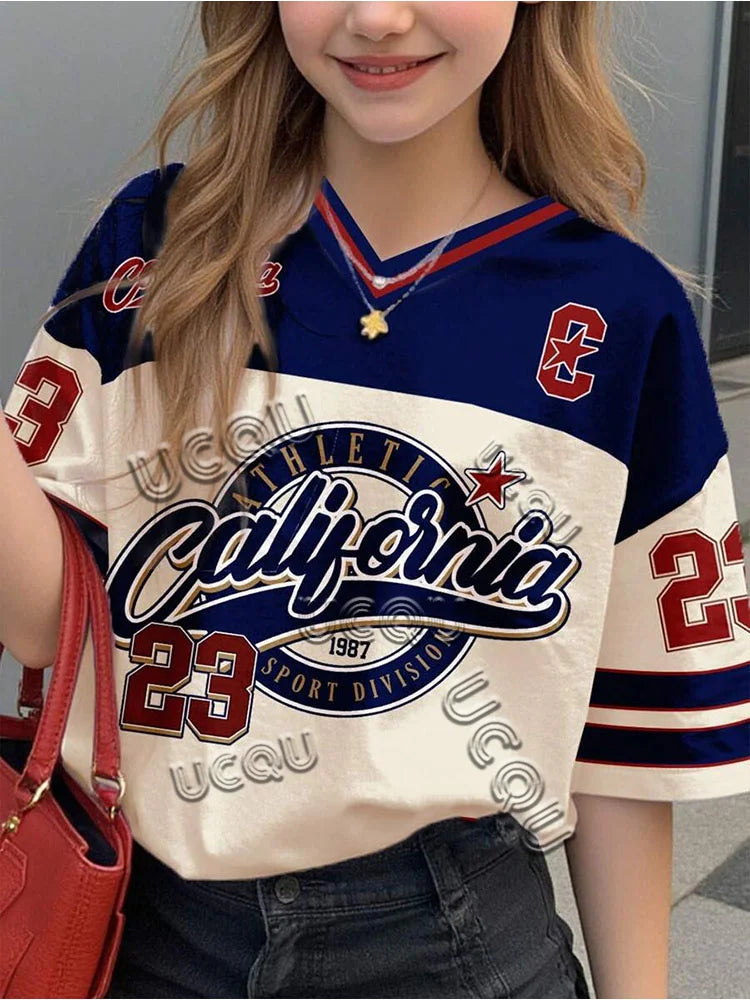 2026 California 23 Print Letter Football Jersey Women'S T-Shirt Loose Short Sleeved Personalized Fashionable Casual Half Sleeved Top