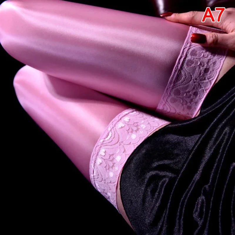 Sexy Lace Top Satin Silky Smooth Thigh High Stockings Glossy Long Socks Over Knee Compression Legging OL Party Dance