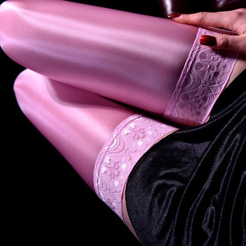 Sexy Lace Top Satin Silky Smooth Thigh High Stockings Glossy Long Socks Over Knee Compression Legging OL Party Dance