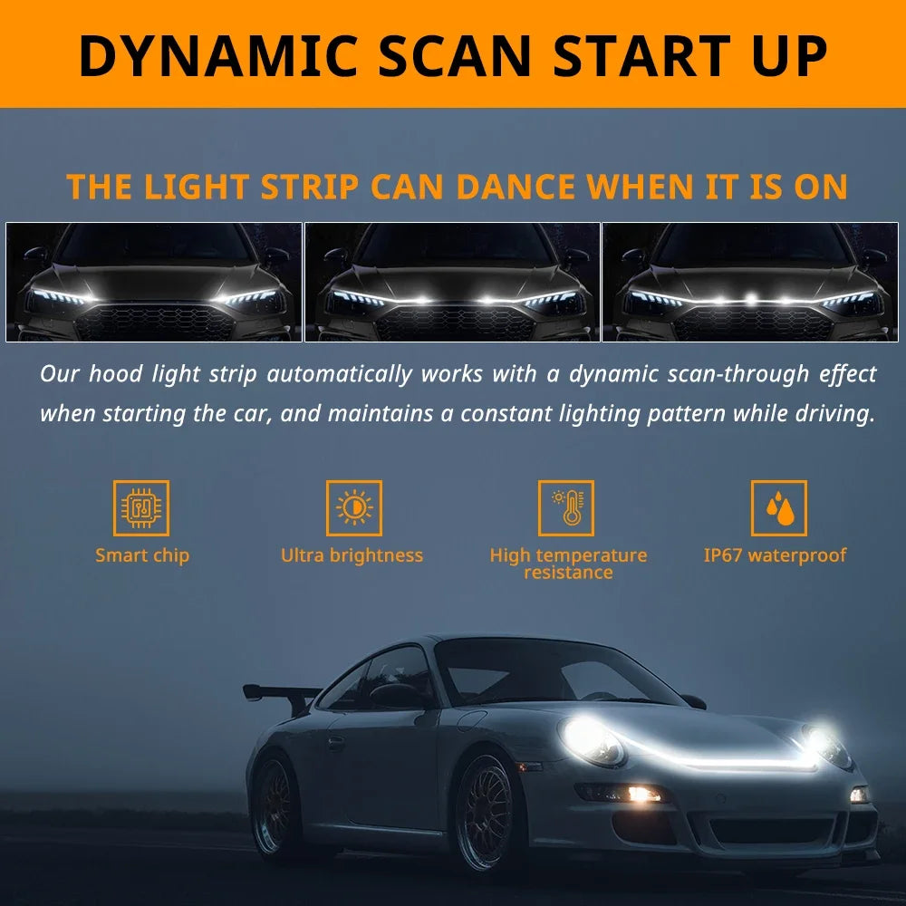 LED Car Hood Light Strip Dynamic Scan Startup Effect Daytime Running Lighting Universal Engine Cover Exterior Decor Accessories