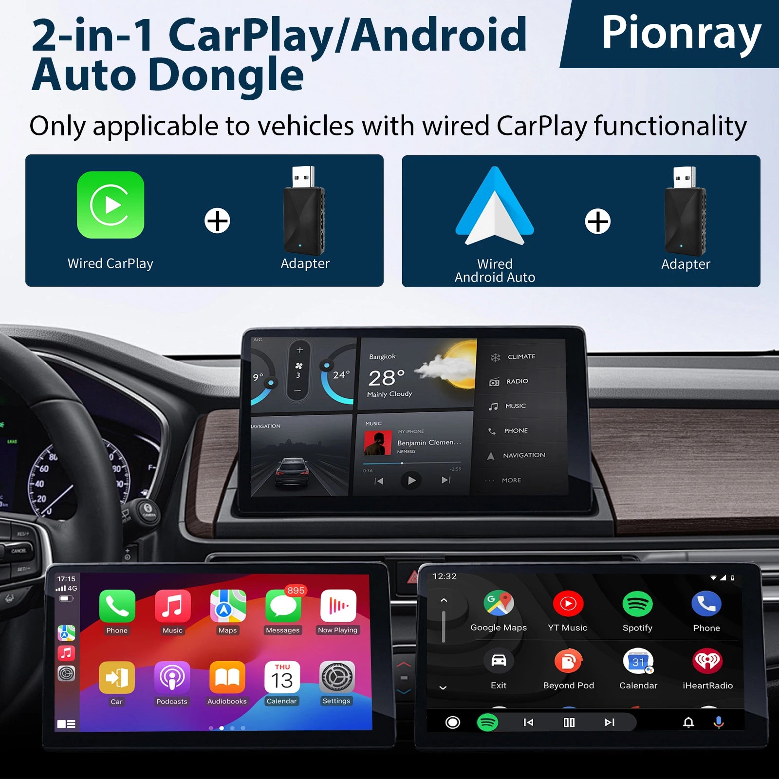 2 IN 1 Wireless Carplay Adapter, Converts Wired to Wireless carplay Adapter for iPhone, Wireless Control Plug & Play Carplay