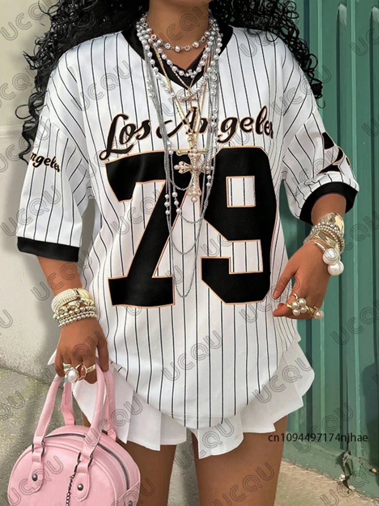 2026 Summer New Los Angeles 79 Print Stripe T-shirt For Women V-Neck Short Sleeve Tees Sports Football Jersey