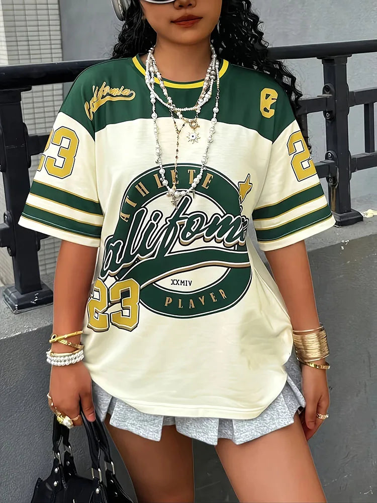 2026 California 23 Print Letter Football Jersey Women'S T-Shirt Loose Short Sleeved Personalized Fashionable Casual Half Sleeved Top