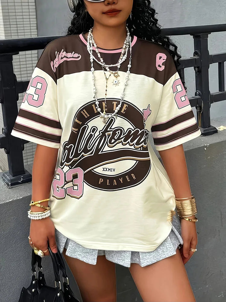 2026 California 23 Print Letter Football Jersey Women'S T-Shirt Loose Short Sleeved Personalized Fashionable Casual Half Sleeved Top