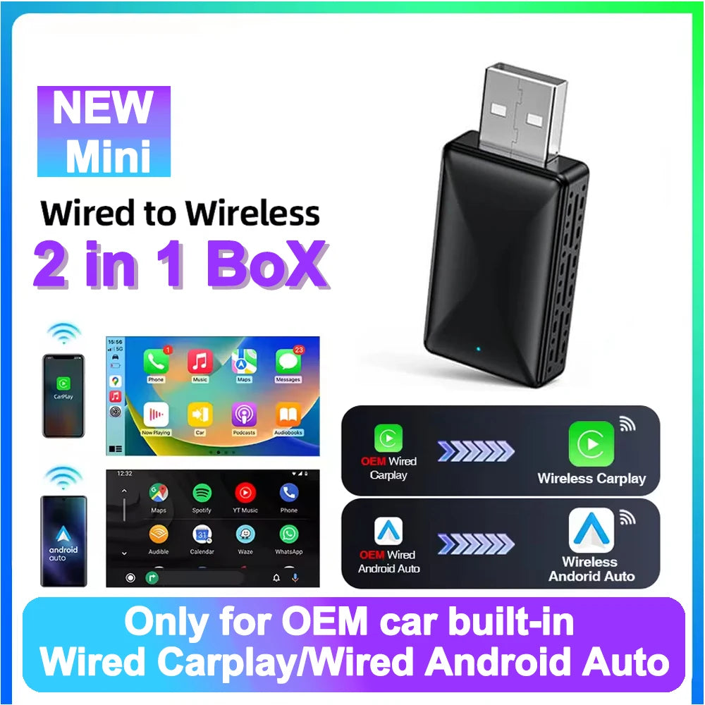 Wired to Wireless CarPlay Android Auto Adapter for OEM Car Stereo With USB Plug and Play