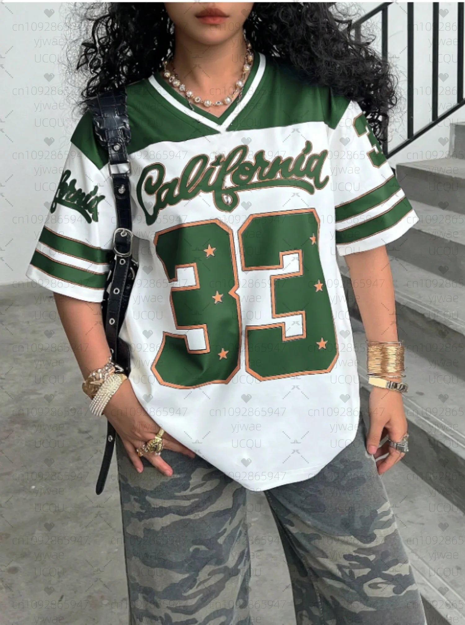 2026 Women NO.33 California Print V-Neck Short Sleeve T-Shirt Summer Tee Baseball Jerseys Stripe Oversized