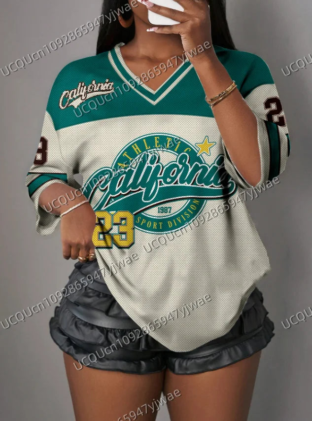 2026 Women's V-Neck Sporty Jersey T-Shirt Casual California Print NO.23 Summer Casual Wear Sports T-shirt