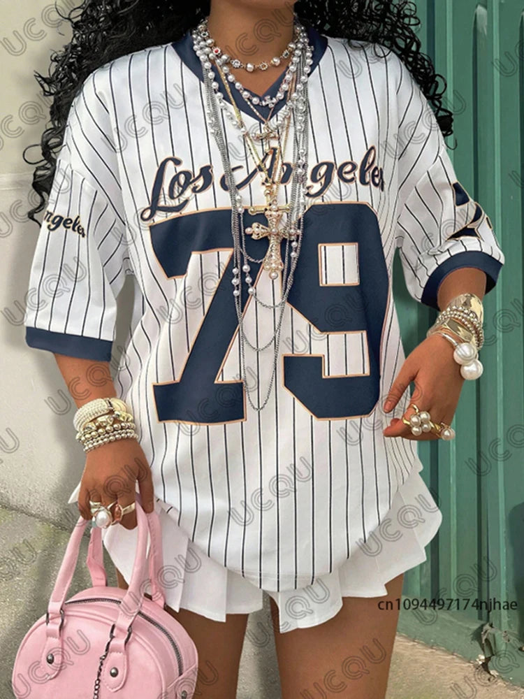 2026 Summer New Los Angeles 79 Print Stripe T-shirt For Women V-Neck Short Sleeve Tees Sports Football Jersey