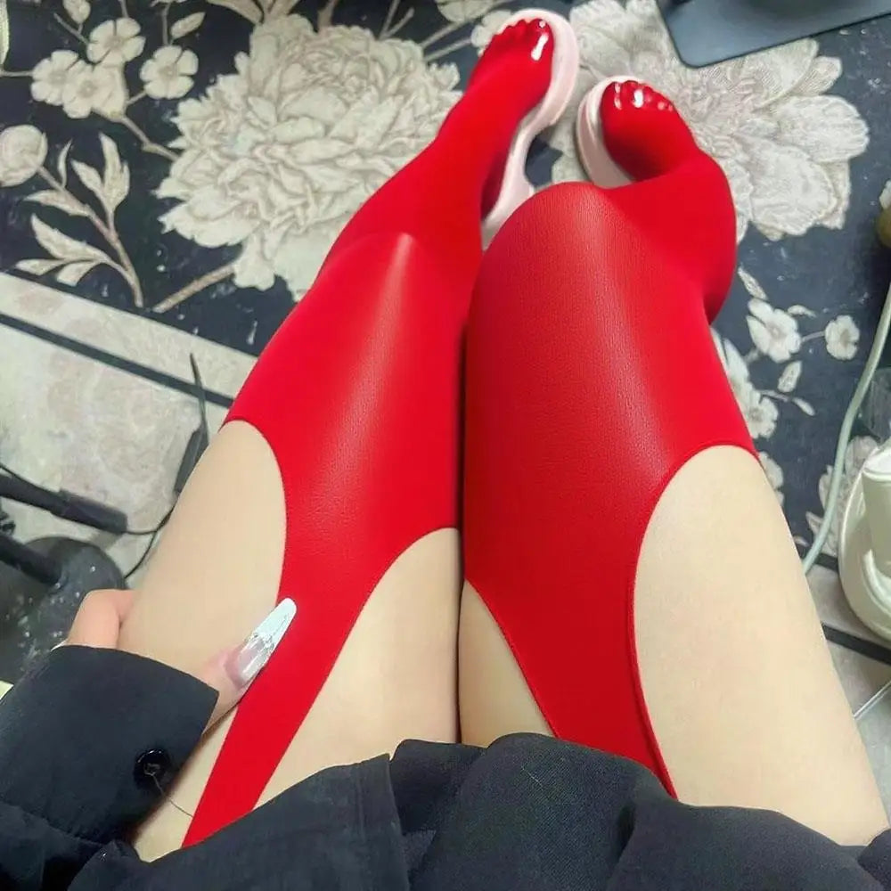 Sexy Black Horse Oil Stockings Hollow Out Stockings Glossy Oil-Like Red Stockings Long Socks Tights Elastic Socks